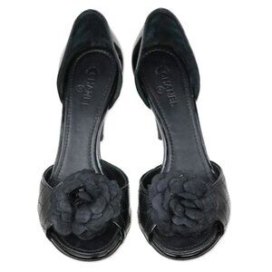 Chanel Black Quilted D'Orsay Peep Toe Flower Pumps EU 37.5 MSRP $1,195